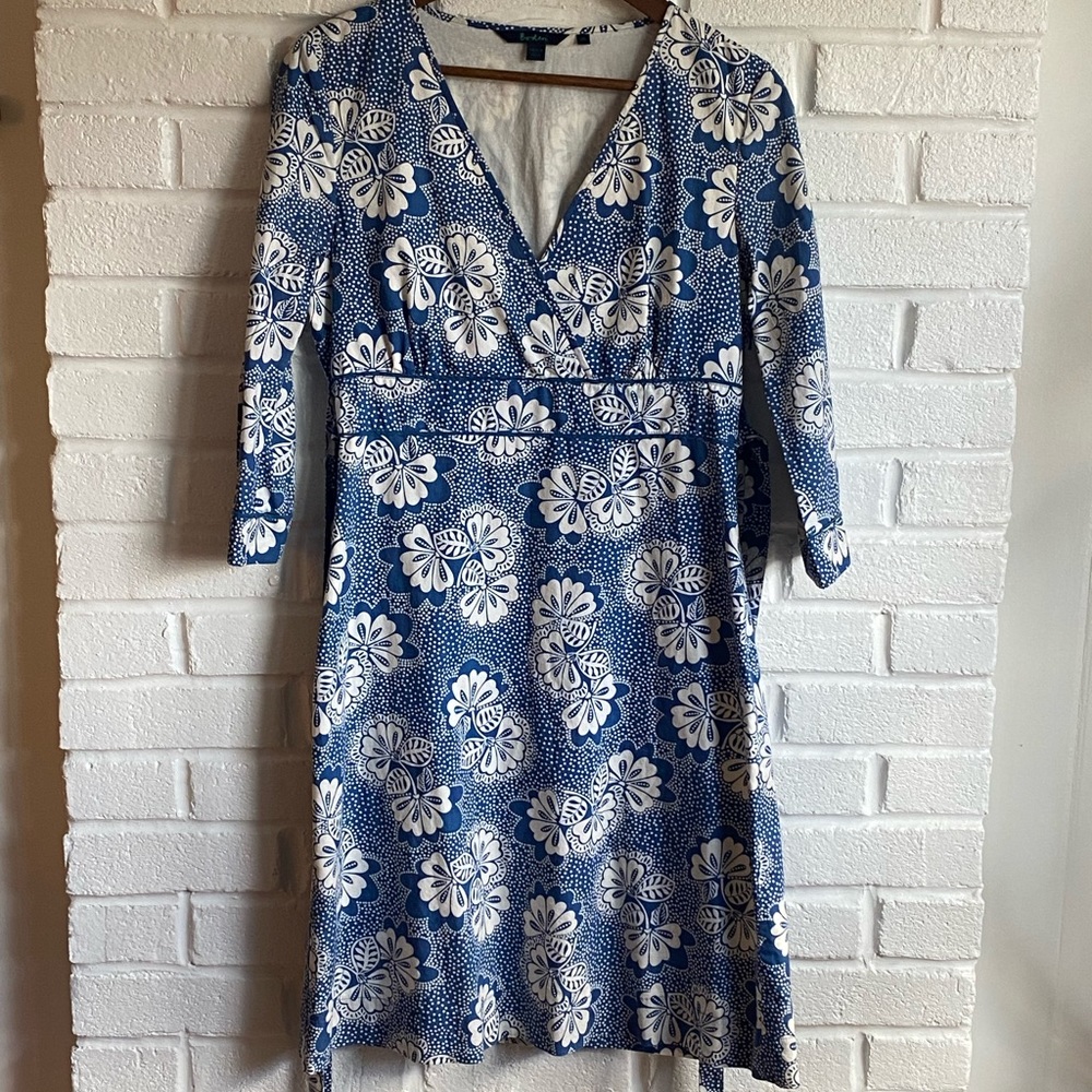 Boden 12 L midi dress Chinoiserie faux wrap floral tie back feminine 3/4 sleeve